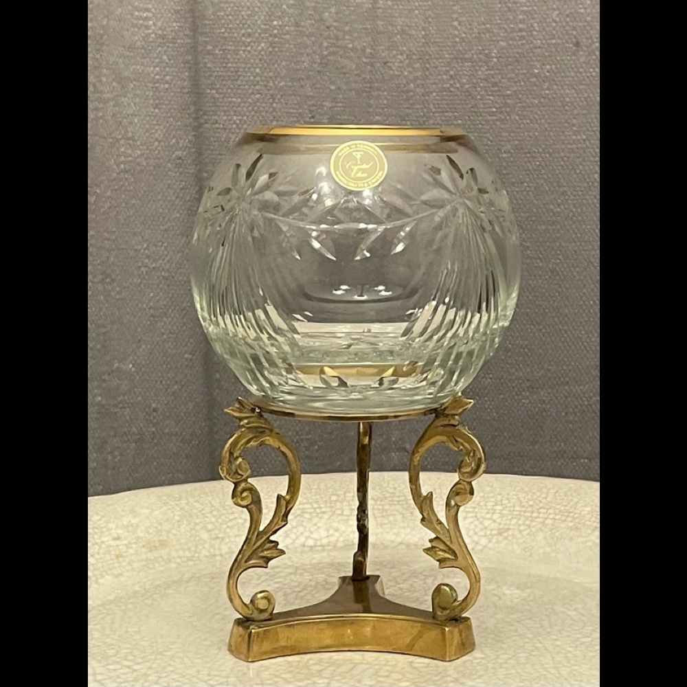 Lead Crystal Engraved Bowl w/ BRASS STAND